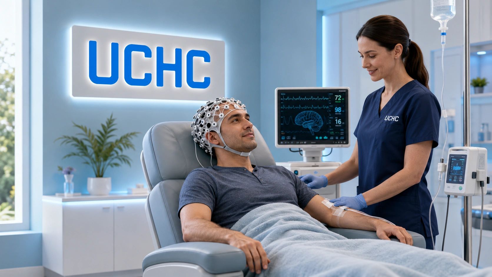 A UCHC clinician caring for a patient in a modern treatment room